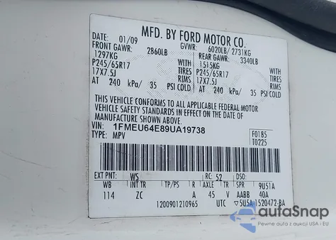 2009 Ford Explorer Eddie Bauer z USA, uszkodzony, nr VIN 1FMEU64E89UA19738